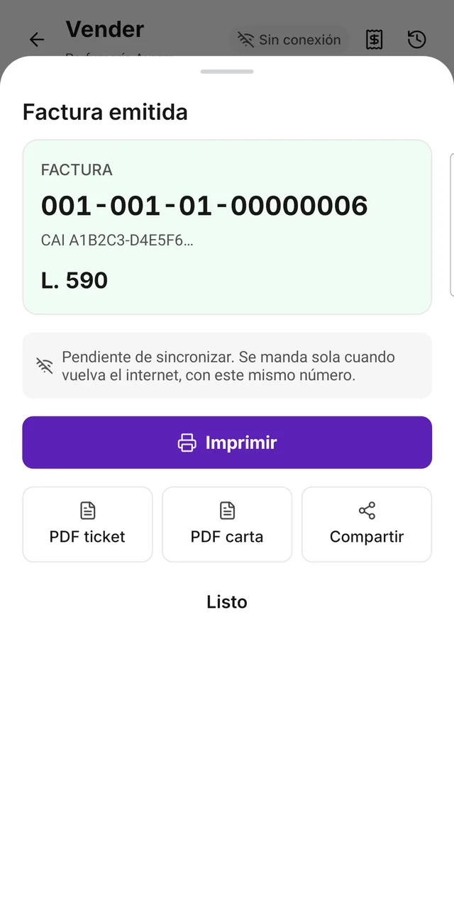 Factura 001-001-01-00000006 emitida en modo avión, con el aviso de que está pendiente de sincronizar y se mandará sola con el mismo número